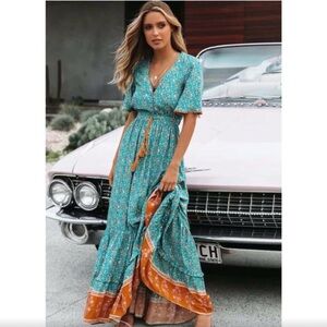 Butterfly Sleeve Flounce Dress Dusty Green Floral